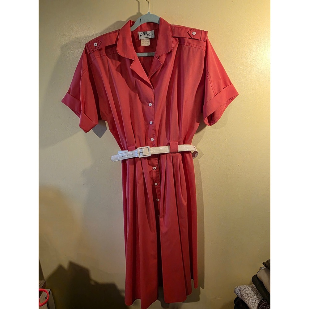 Willi of California Vintage Coral Pink Belted Shirt Dress Epaulets Size 12